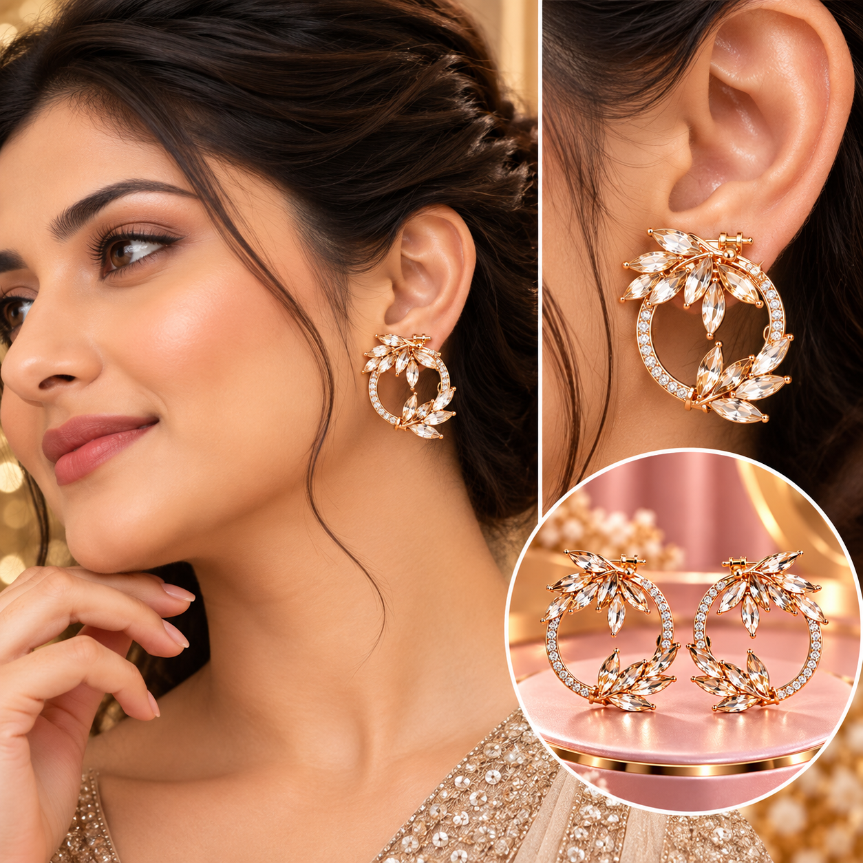 Ethereal Rose Gold Crystal Leaf Circle Hoop Earrings